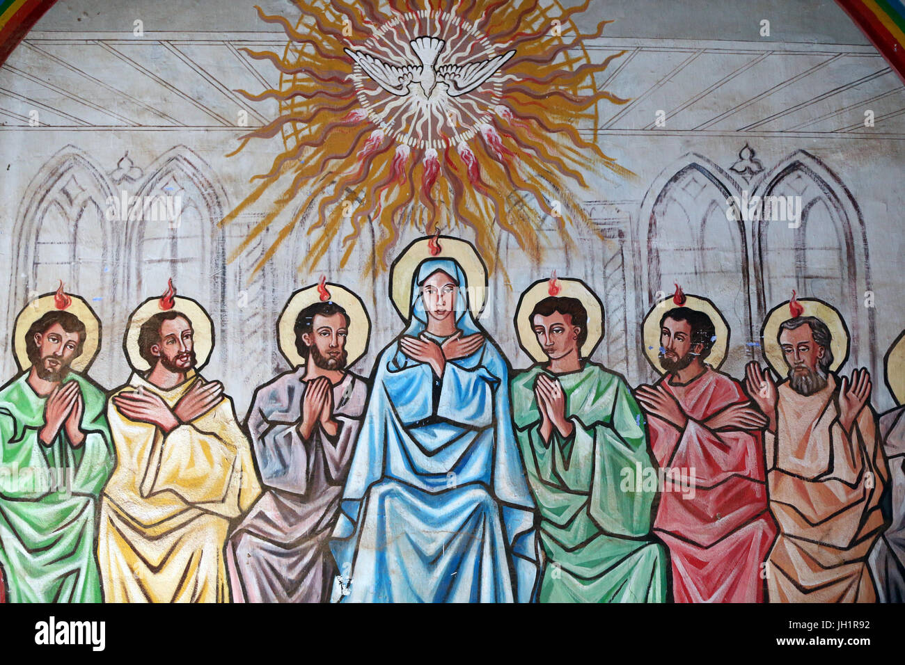 Marian sanctuary our Lady of the lake Togo.  The Holy Spirit descending on the Virgin Mary and the Apostles. Painting.  Togo. Stock Photo