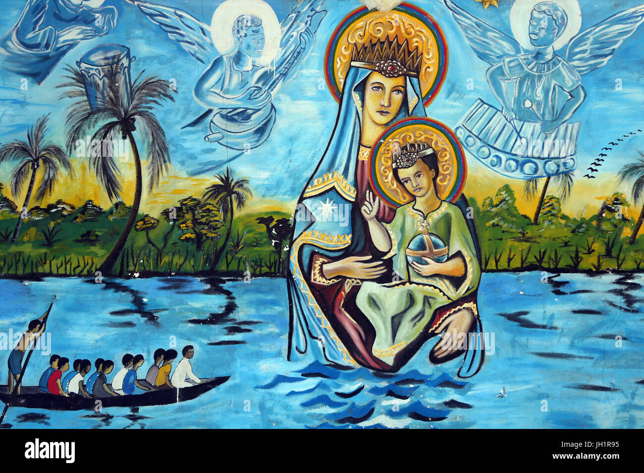 Marian sanctuary our Lady of the lake Togo. Our Lady of the lake Togo. Wall painting.  Togo. Stock Photo
