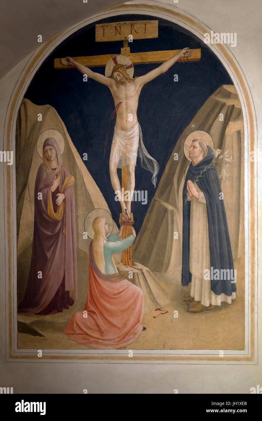 Crucifixion with the Virgin, Mary Magdalene and St Dominic, Cell 25, by Fra Beato Angelico, 1441-42, Convent of San Marco, Florence, Tuscany, Italy, E Stock Photo