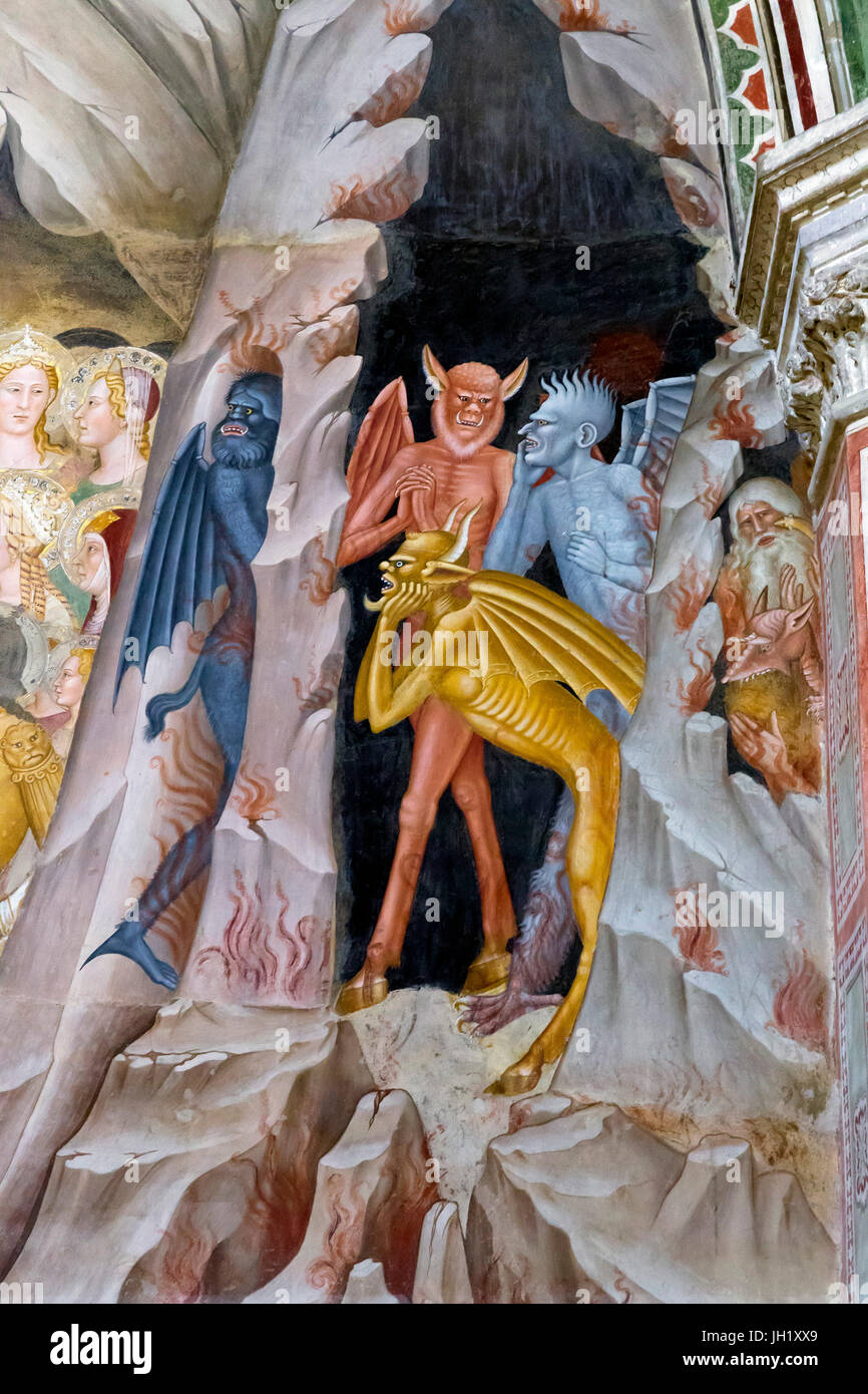Devils in The Descent into Limbo, frescoes by Andrea di Bonaiuto, 1365-1367, Apsidal Chapel, or Spanish Chapel, Santa Maria Novella, Florence, Tuscany Stock Photo