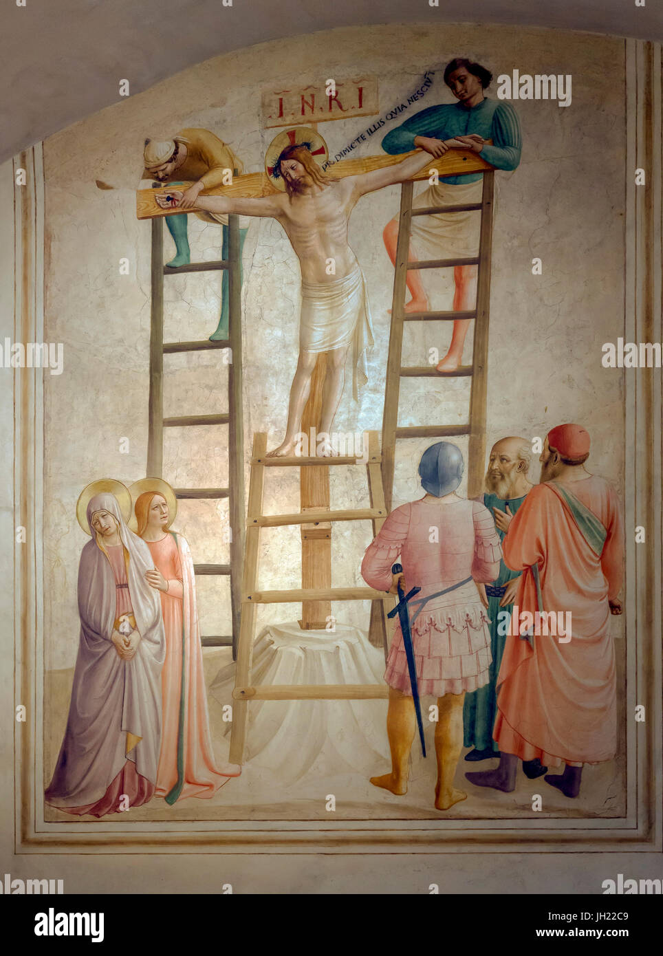 Nailing of Christ to the Cross, Cell 36, by Fra Beato Angelico, 1441-42, Convent of San Marco, Florence, Tuscany, Italy, Europe Stock Photo