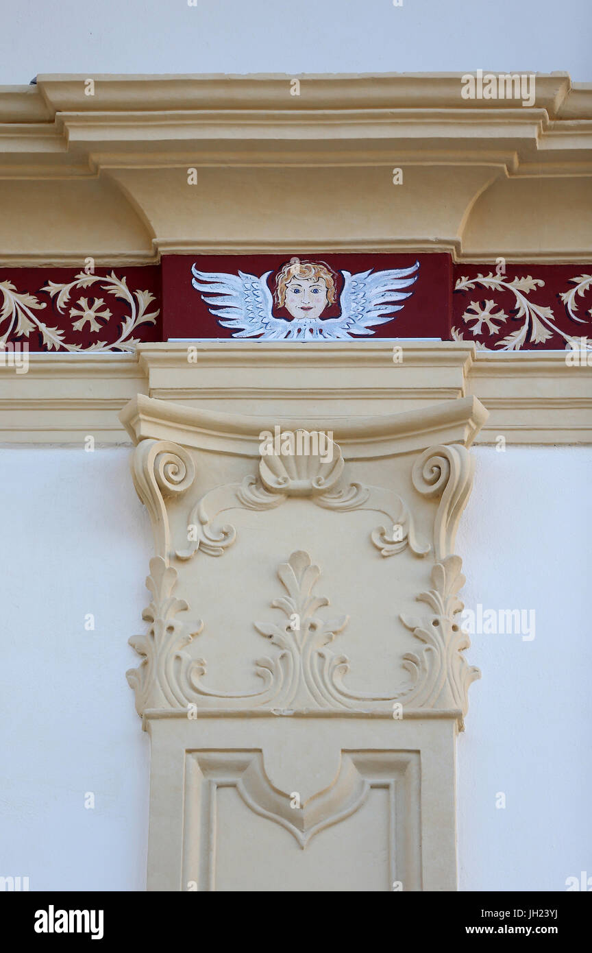 Restoration of Saint Gervais baroque church.  Pillar and angel. Paint renovation.  France. Stock Photo