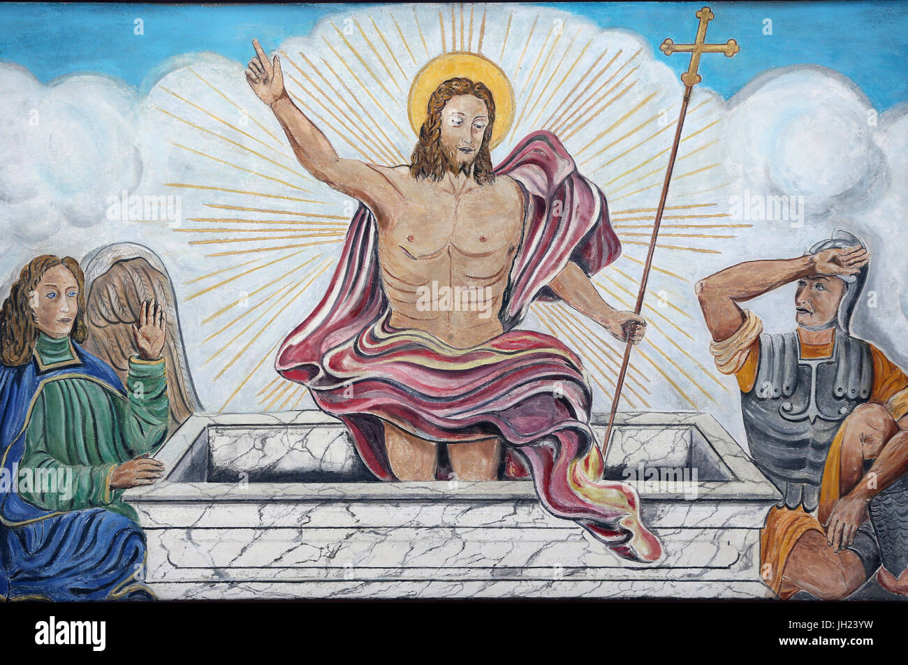 Restoration of Saint Gervais baroque church.  The resurrection of Jesus. Paint renovation.  France. Stock Photo