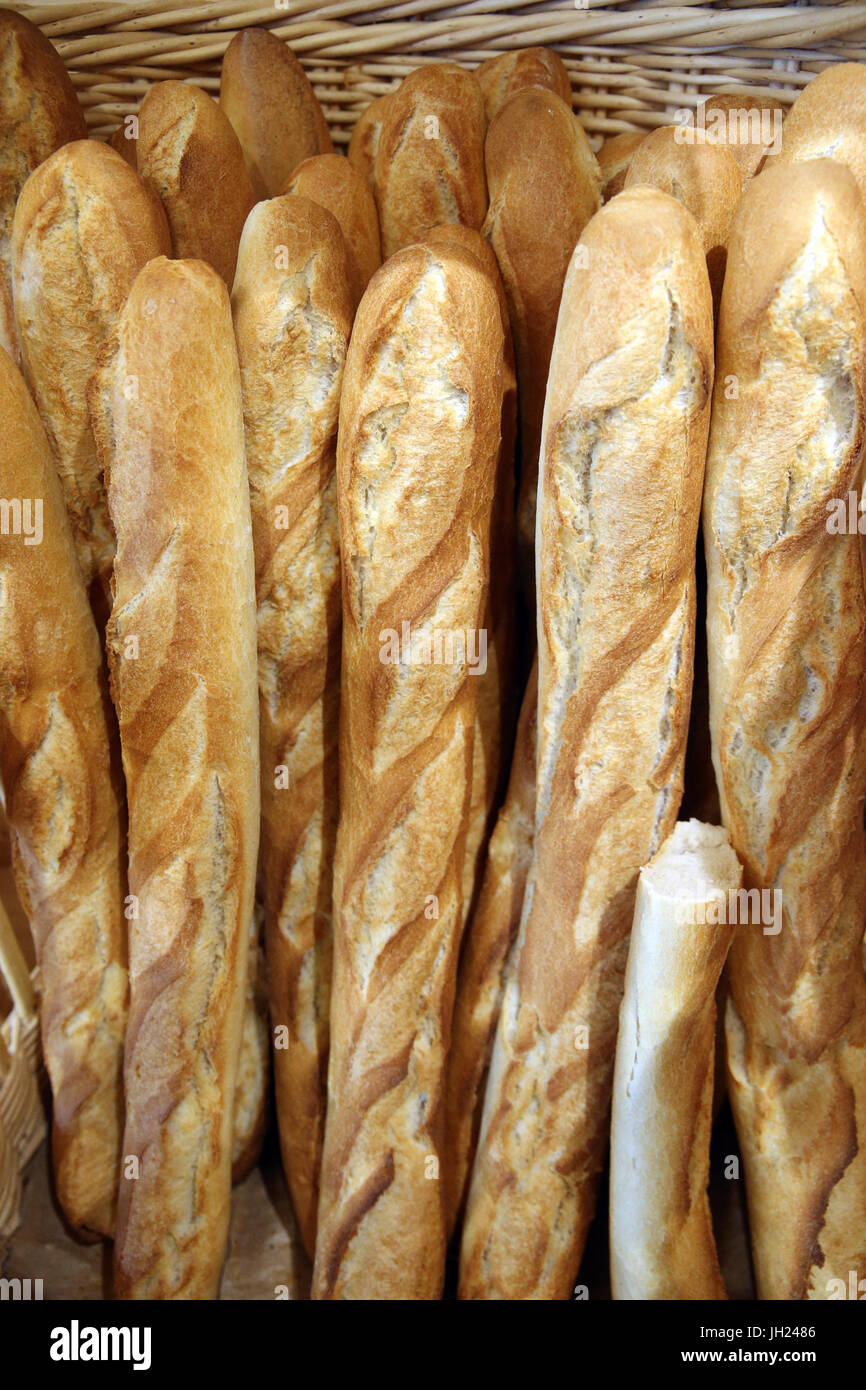 Bakery. Freshly baked french baguette.  France. Stock Photo