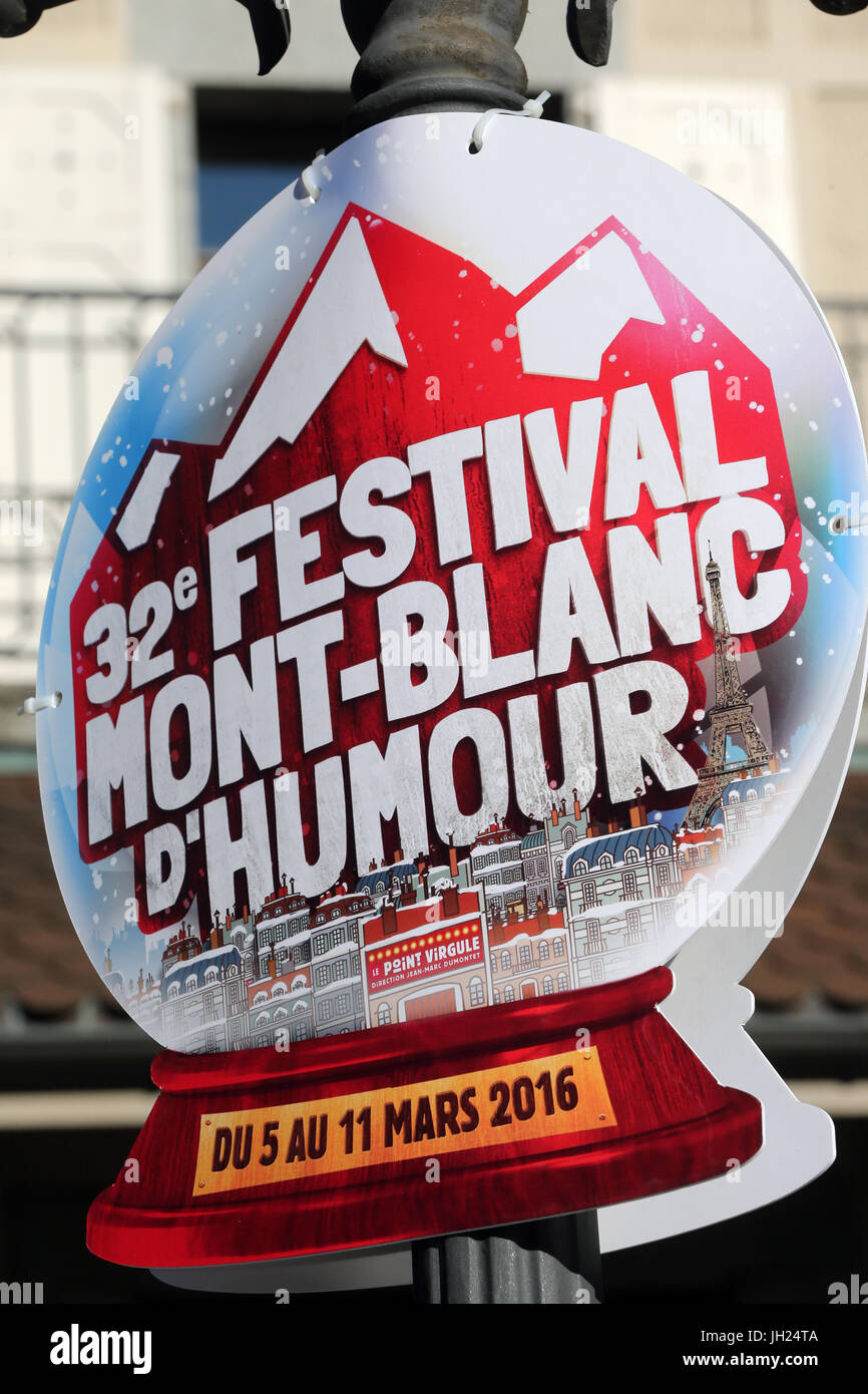 Panneau publicitaire. 32 me Festival Mont-Blanc Humour. Saint-Gervais-les-Bains. France. Stock Photo