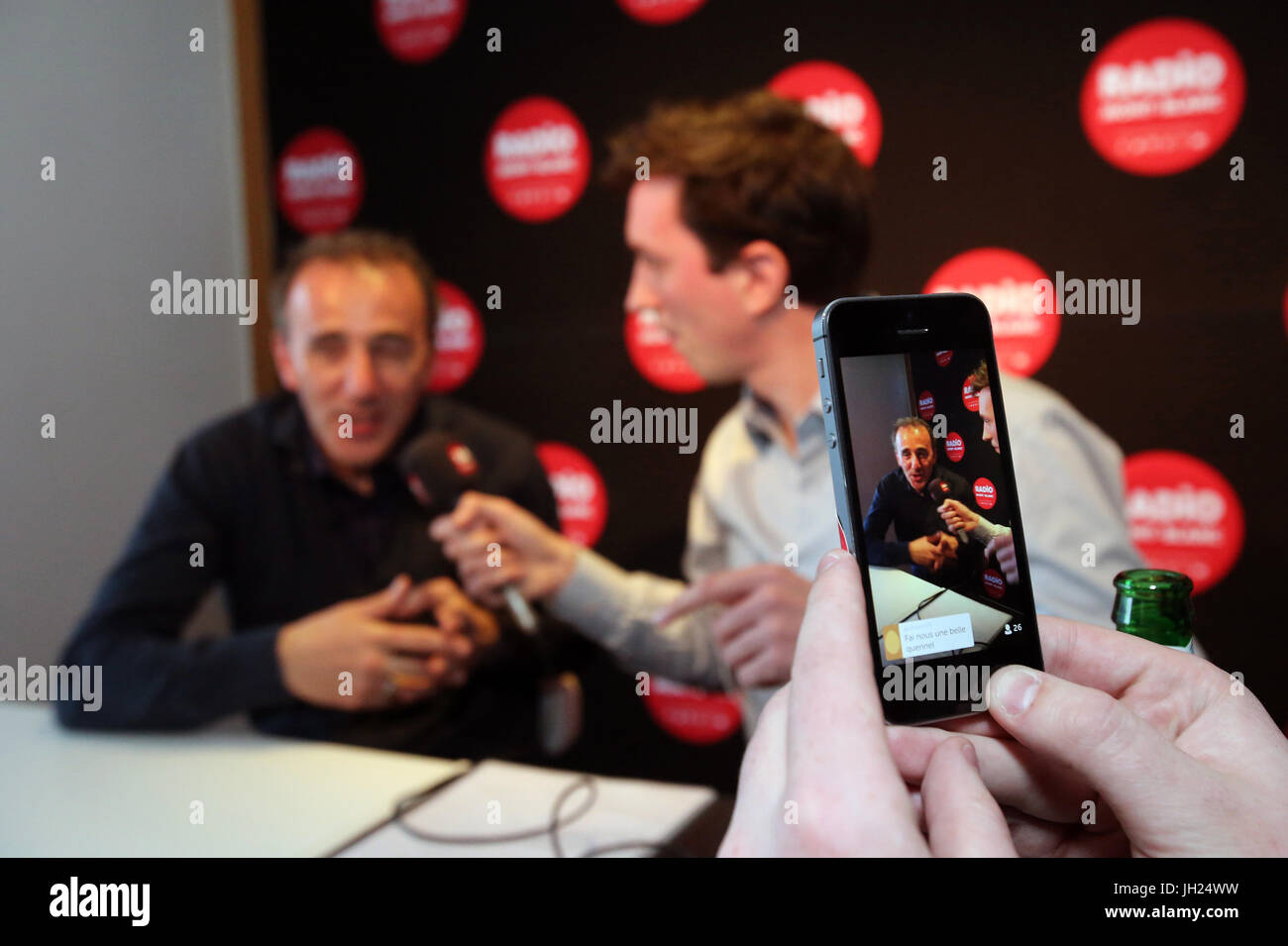 Elie Semoun, humoriste et Romain Bruneau, animateur Radio Mont-Blanc. France. Stock Photo