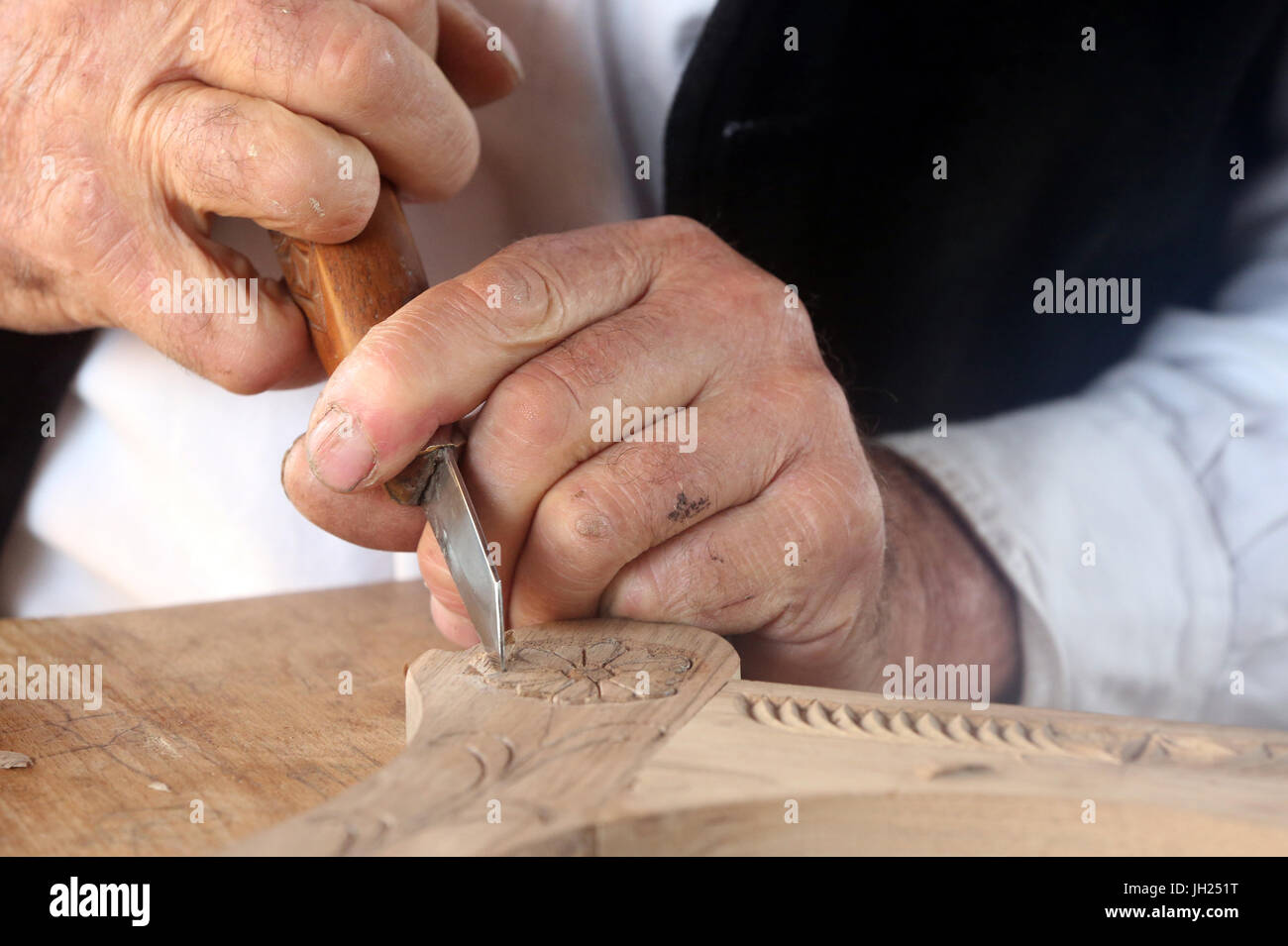 Old Domancy craft festival.  Wood carver.  France. Stock Photo