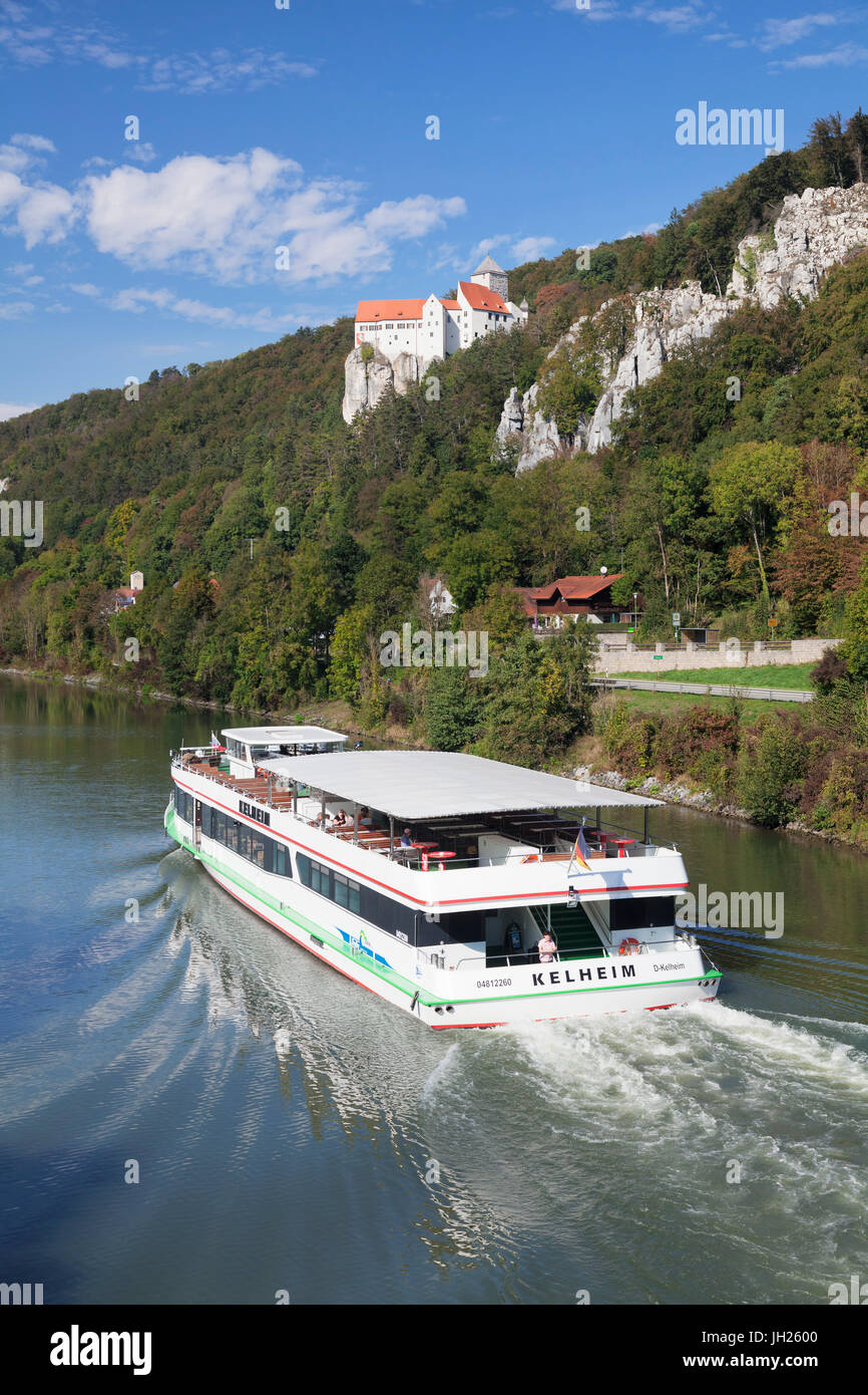 Excursion boat, Prunn Castle, Riedenburg, nature park, Altmuhltal Valley, Bavaria, Germany, Europe Stock Photo