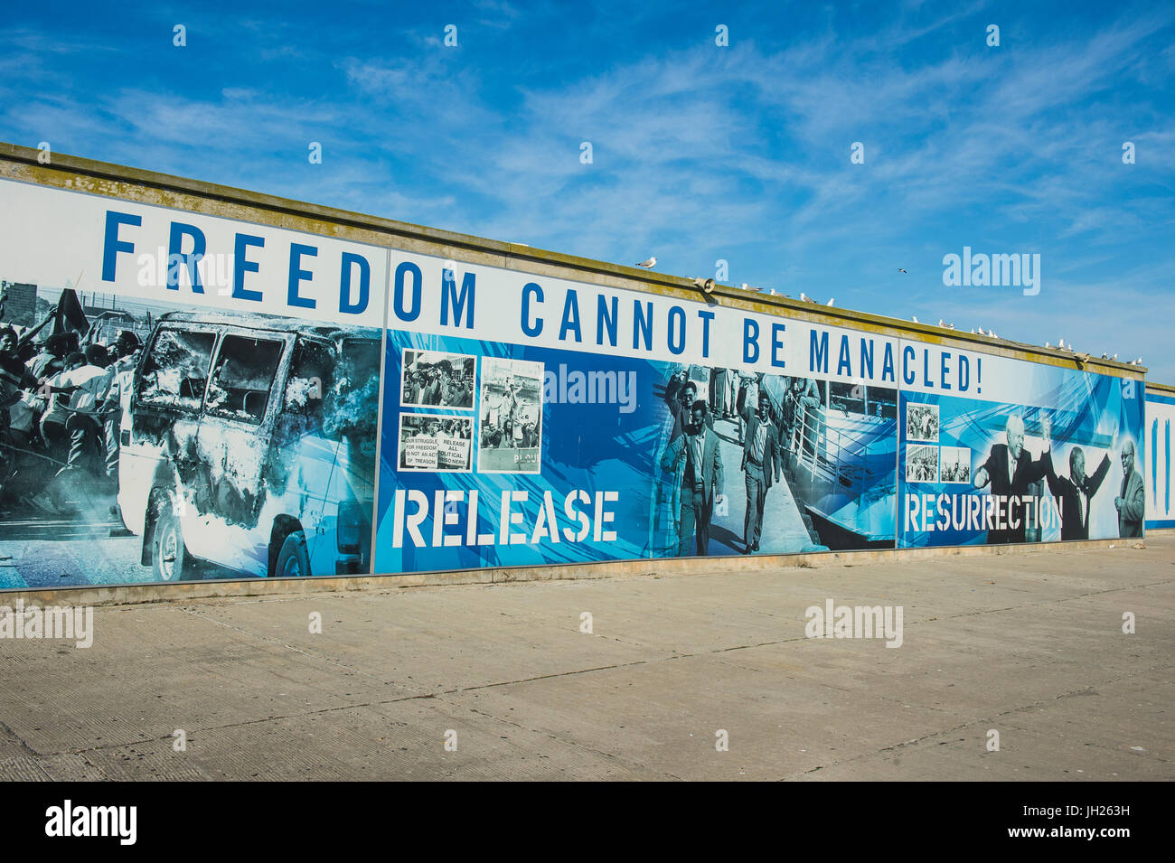 Freedom posters in the harbour of Robben Island, UNESCO World Heritage Site, South Africa, Africa Stock Photo