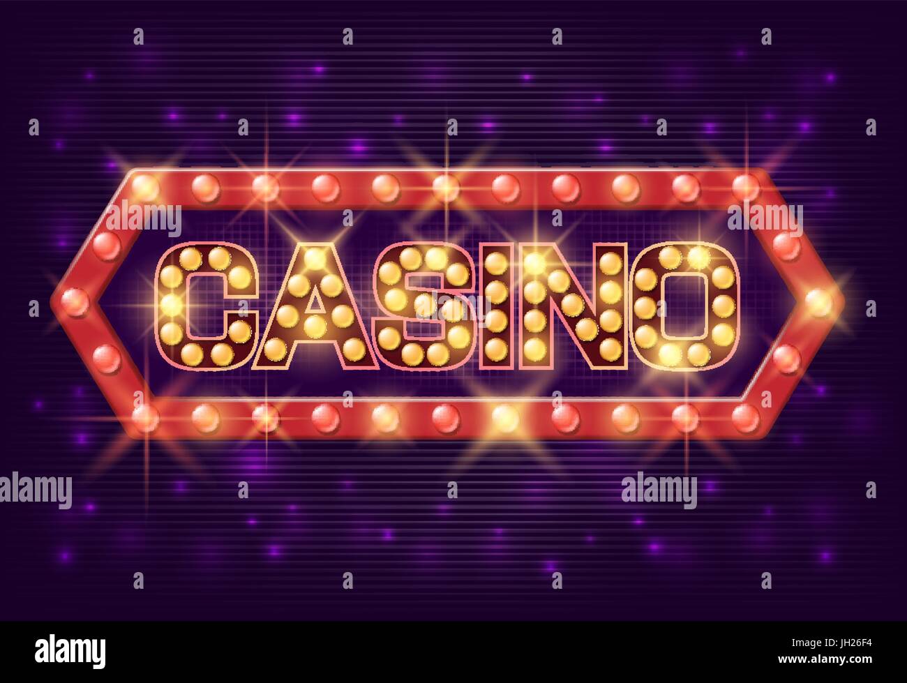 Casino poster vintage style. Casino banner with glowing lamps for online casino, poker, roulette, slot machines, card games. Vector illustrator. Stock Vector