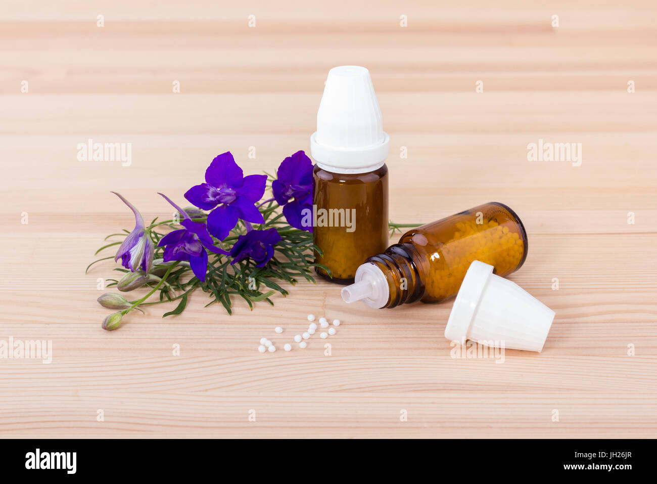 Homeopathic remedy with blooming aconite Stock Photo