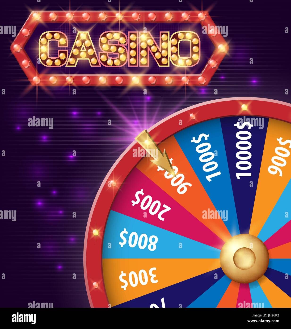 Spinning fortune wheel, Internet casino banner with glowing lamps for online casino, poker, roulette, slot machines, card games. Vector illustration, shiny background Stock Vector