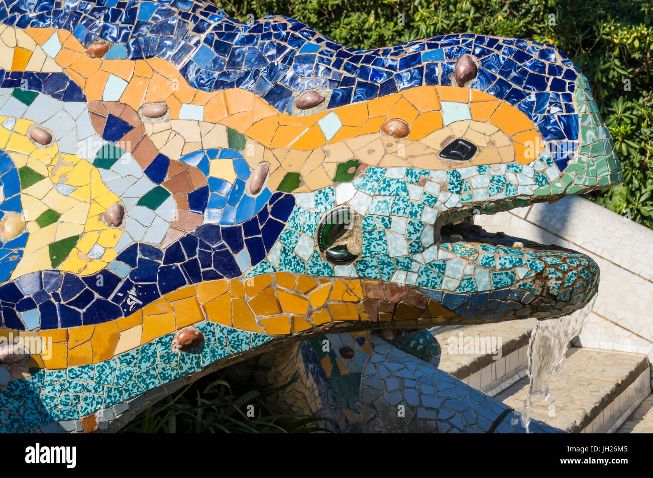 Mosaic dragon, salamader, lizard by Antoni Gaudi, Parc Guell, UNESCO, Barcelona, Catalonia (Catalunya), Spain Stock Photo