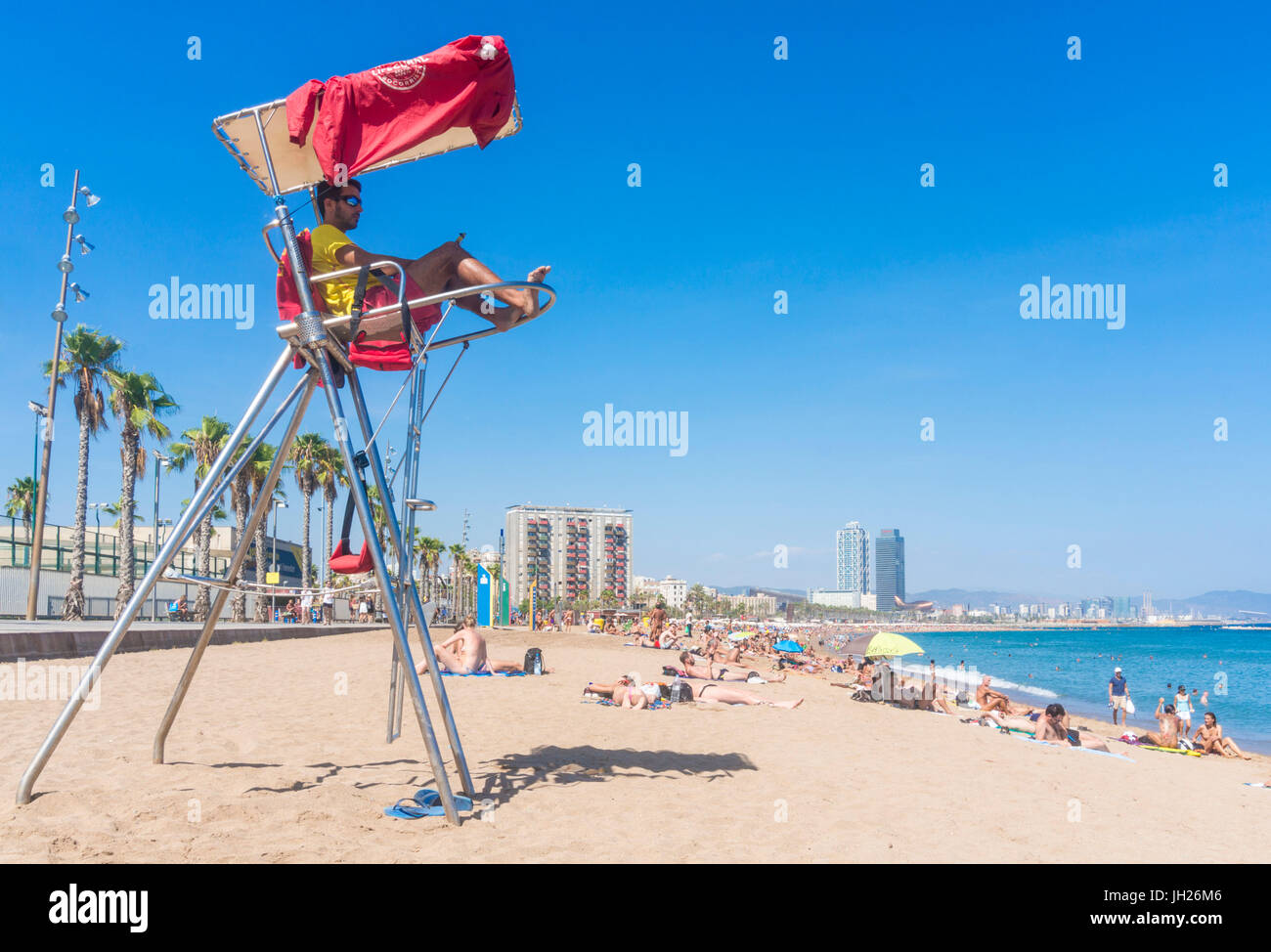 Lifeguard stationed at Barcelona beach of Barceloneta, Barcelona, Catalonia (Catalunya), Spain, Europe Stock Photo