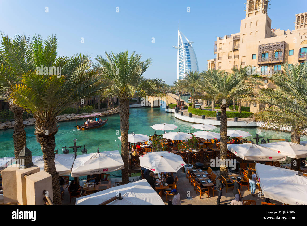 View of Burj Al Arab from Madinat Jumeirah, Dubai, United Arab Emirates, Middle East Stock Photo