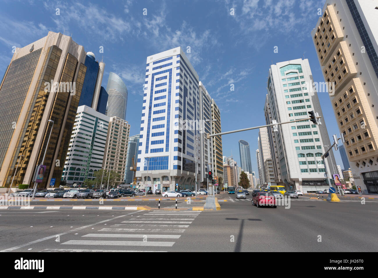 Road junction and tall buildings on Hamdan Bin Mohammed Street, Abu Dhabi, United Arab Emirates, Middle East Stock Photo