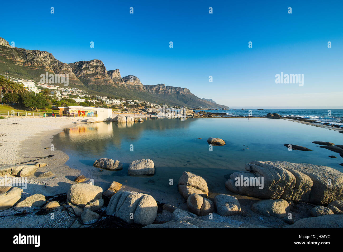 Camps Bay with Table Mountain in the background, suburb of Cape Town, South Africa, Africa Stock Photo
