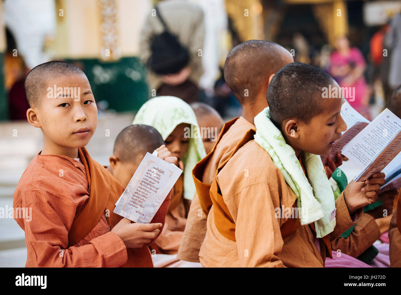 Novice Nuns chanting at Shwedagon Pagoda, Yangon (Rangoon), Myanmar (Burma), Asia Stock Photo