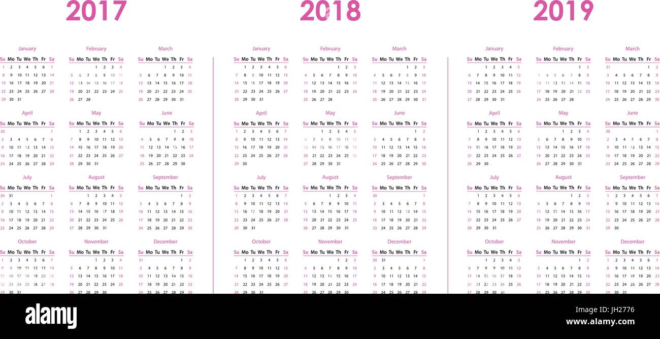 Calendar template for 2017, 2018, 2019 Stock Vector