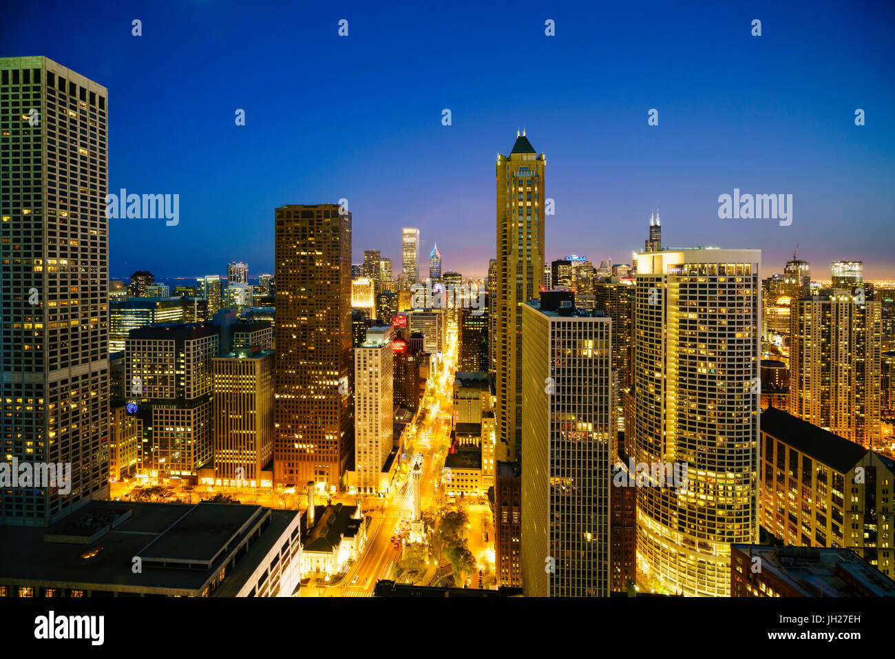 City skyline by night, Chicago, Illinois, United States of America, North America Stock Photo