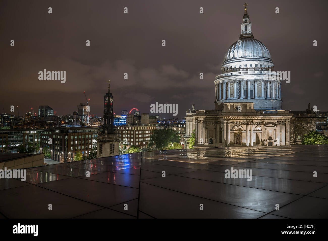 Floodlit dome of St. Pauls Cathedral at night from One New Change, City of London, London, England, United Kingdom, Europe Stock Photo