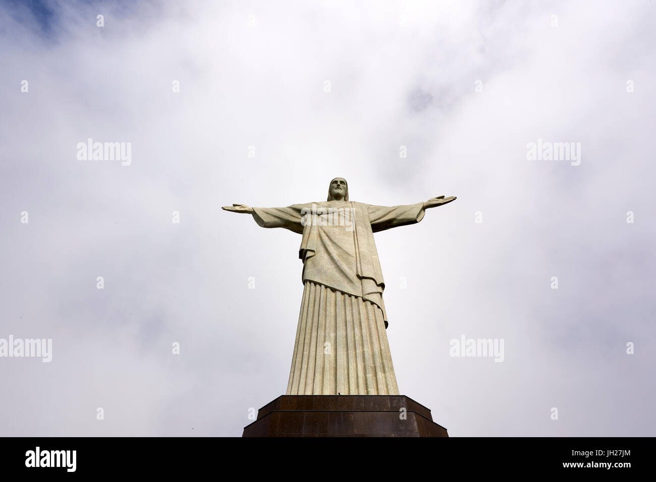 Low angle shot of Christ the Redeemer statue in Rio de Janeiro in a cloudy day, Rio de Janeiro, Brazil, South America Stock Photo
