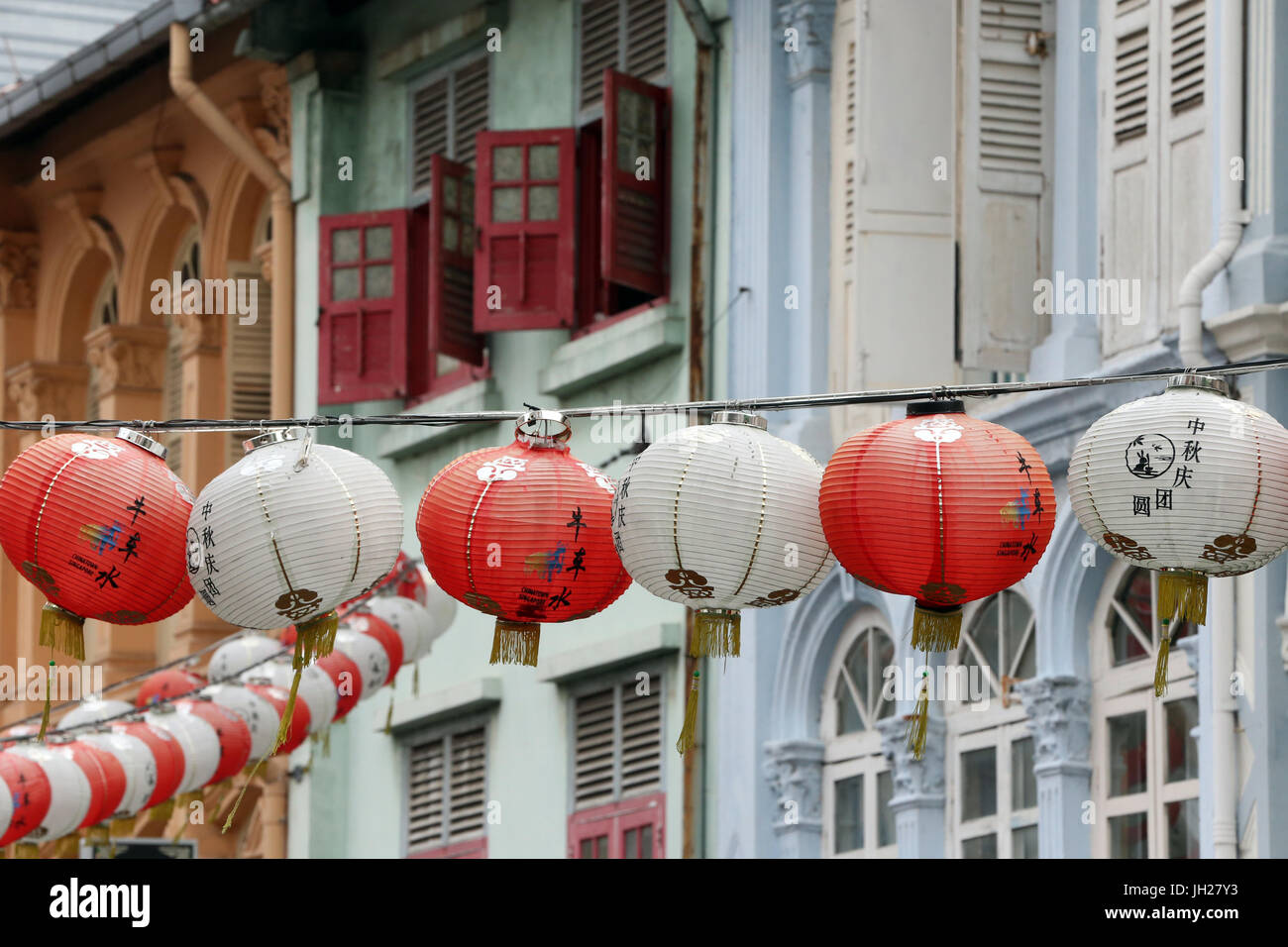 Colourful colonial architecture. Lanterns. Chinatown. Singapore
