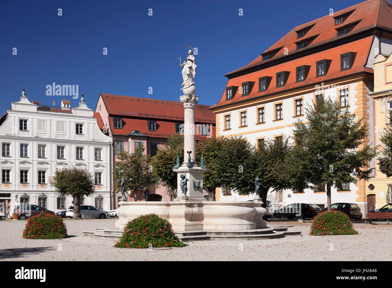 Karlsplatz square, Marienbrunnen fountain, Neuburg an der Donau, Bavaria, Germany, Europe Stock Photo