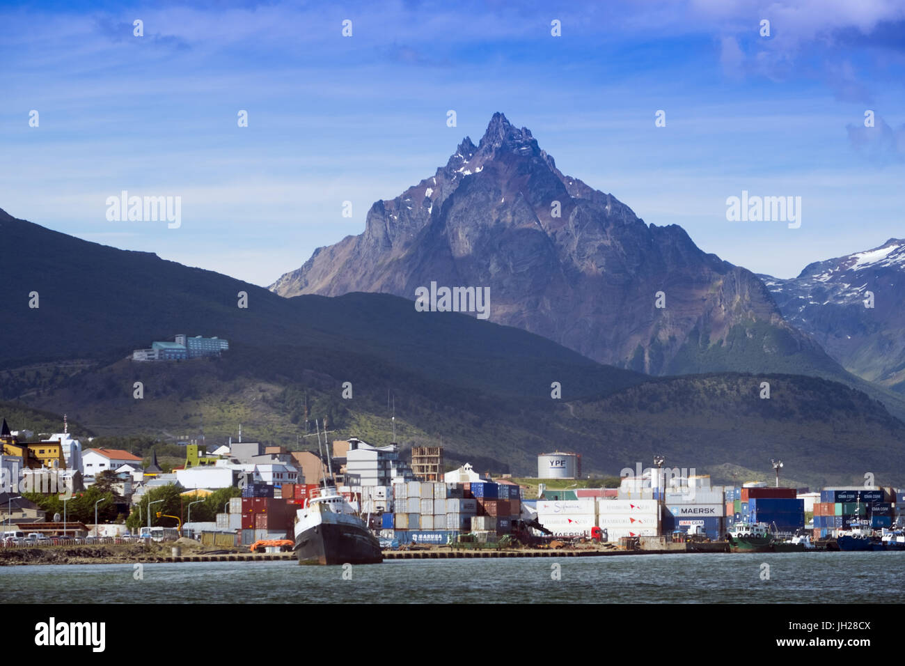 Ushuaia city and port on Tierra del Fuego island, Argentina, South America Stock Photo