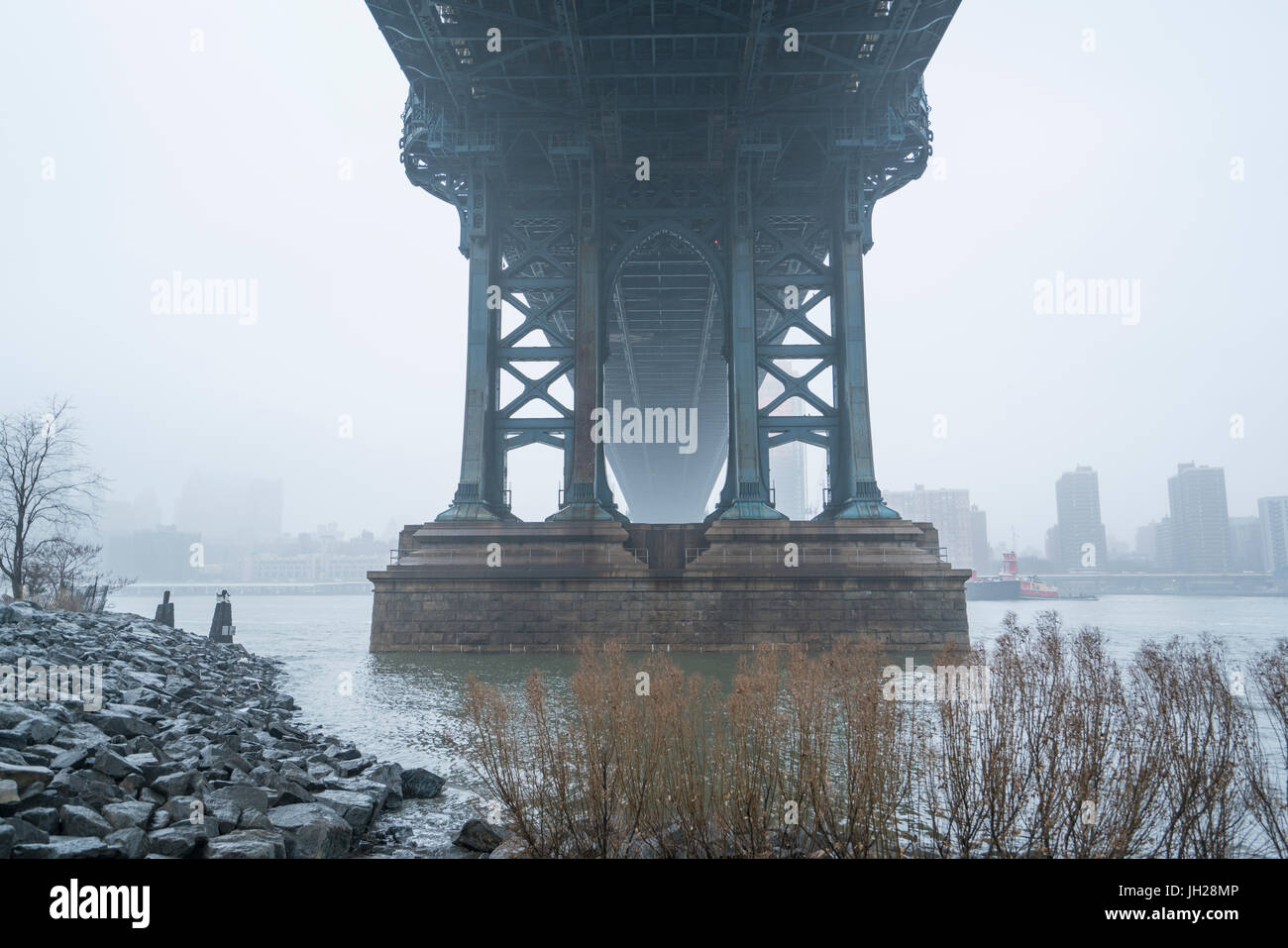Manhattan Bridge on a cold foggy day, Brooklyn, New York City, United States of America, North America Stock Photo