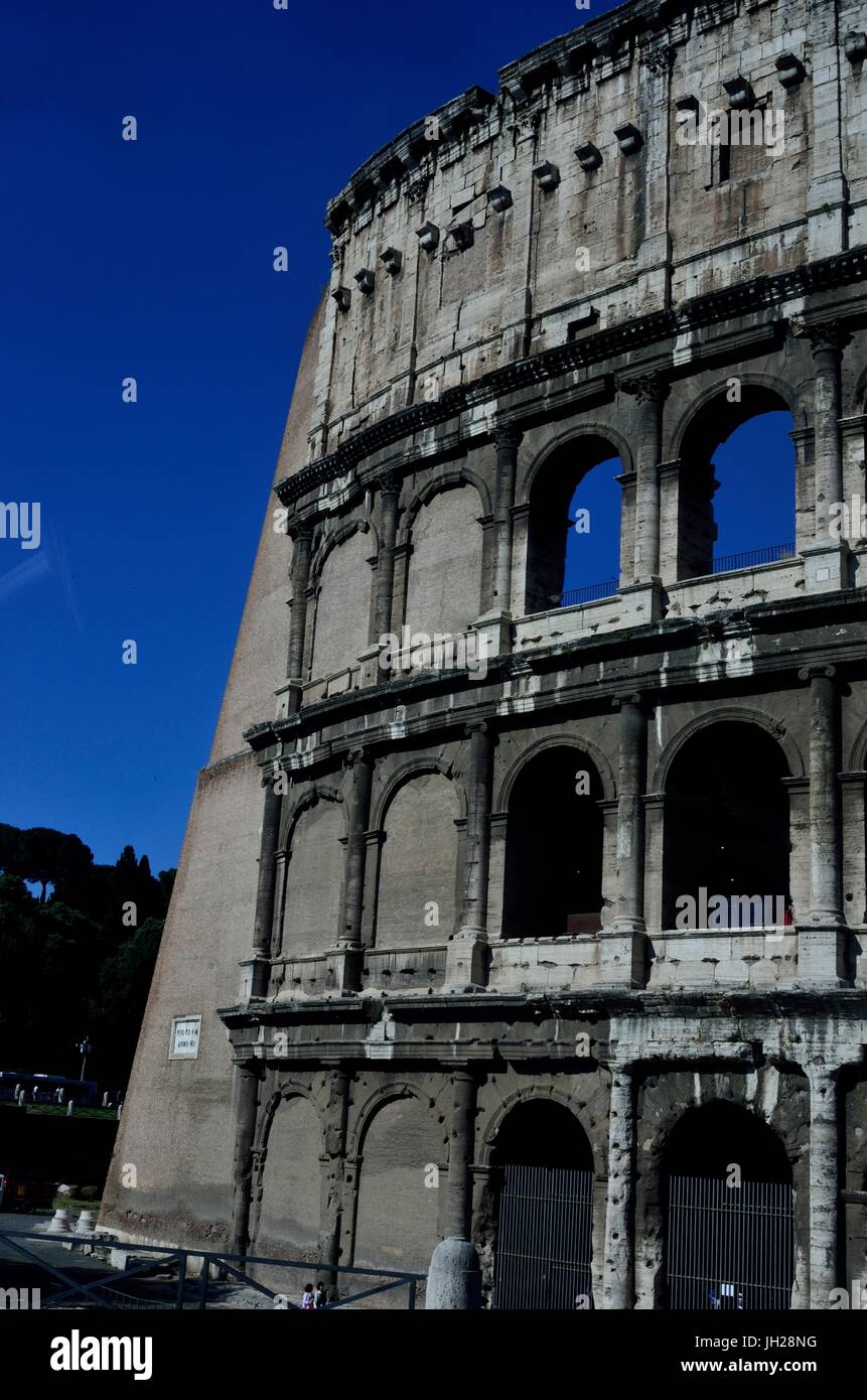 The Colosseum also known as the Flavian Amphitheatre, an oval amphitheatre in the centre of the city of Rome, Italy. It is built of concrete and sand. Stock Photo