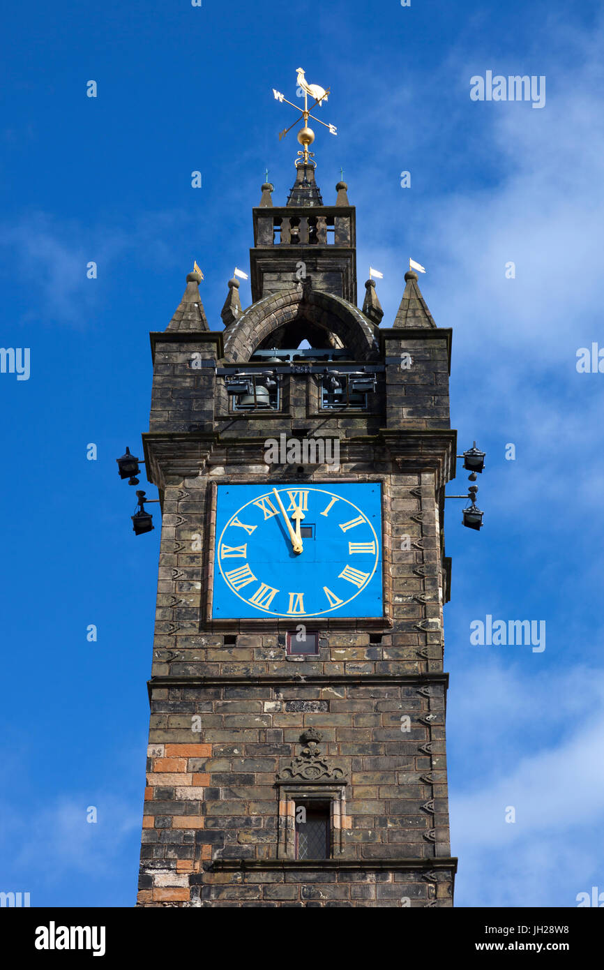 Close up of The Tolbooth Steeple, (Clock Tower), Glasgow Cross, Trongate, Merchant City, Glasgow, Scotland, United Kingdom Stock Photo