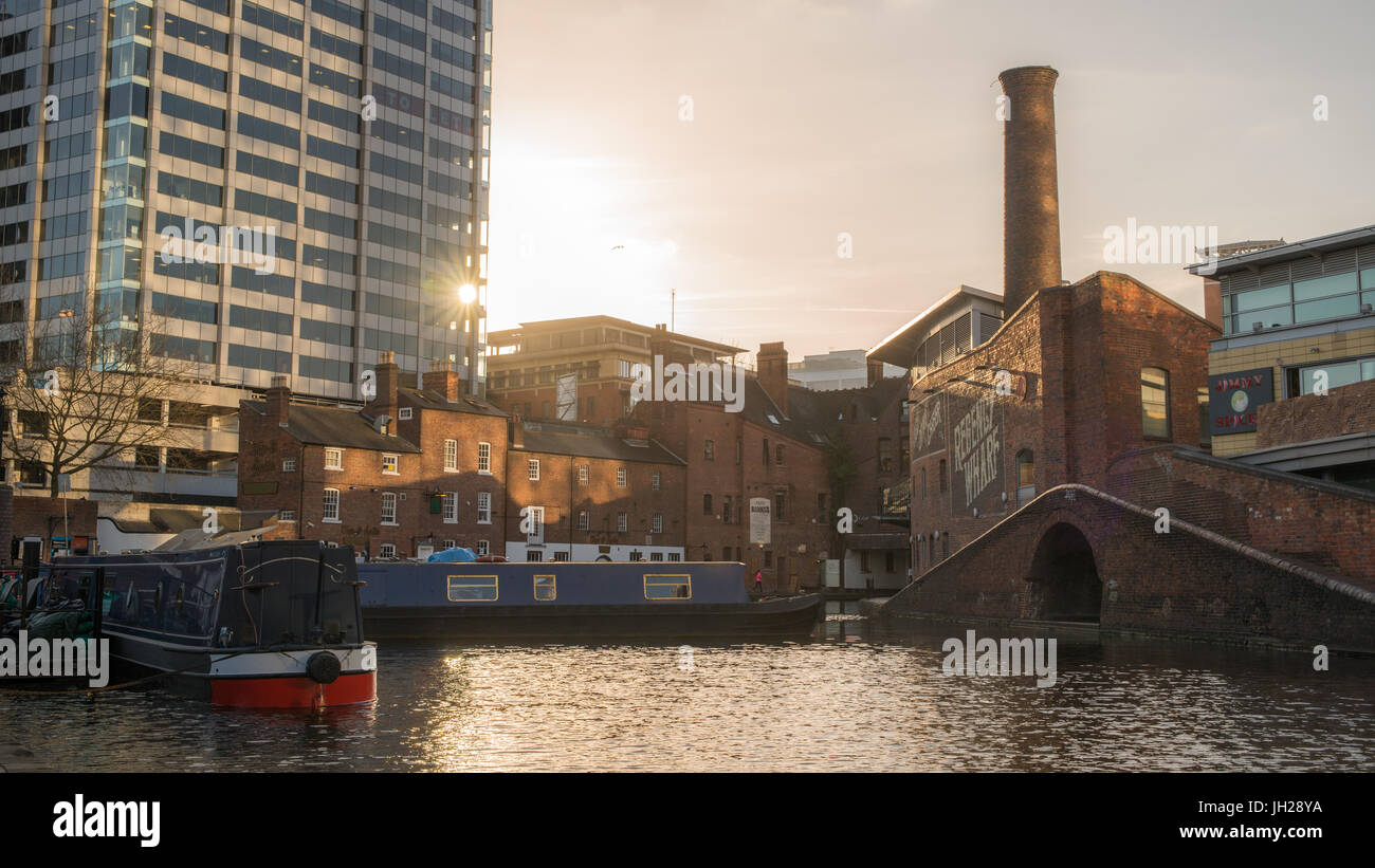 Canal boats on the canal, Gas Street Basin, in the heart of Birmingham, England, United Kingdom, Europe Stock Photo