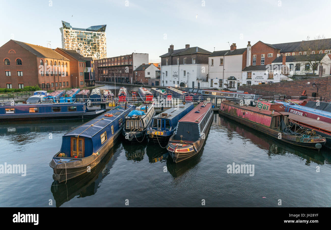 Houseboats on the Gas Street Canal Basin in the heart of Birmingham, England, United Kingdom, Europe Stock Photo