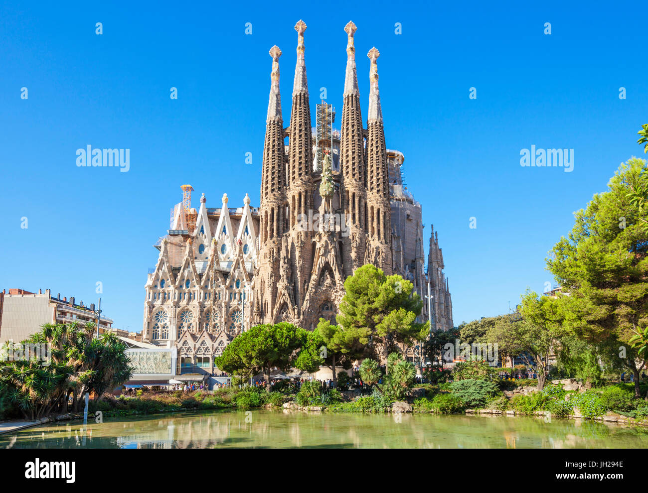 La Sagrada Familia church front view, designed by Antoni Gaudi, UNESCO, Barcelona, Catalonia (Catalunya), Spain Stock Photo