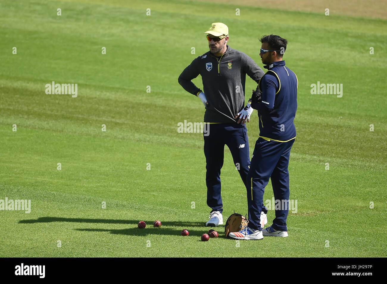 South Africa captain Faf du Plessis (left) talks to Jean-Paul Duminy during the nets session at Trent Bridge, Nottingham. Stock Photo