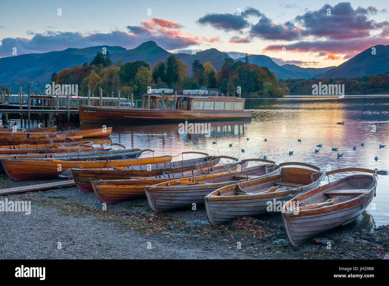 Rowing boats for hire, Keswick, Derwentwater, Lake District National Park, Cumbria, England, United Kingdom, Europe Stock Photo