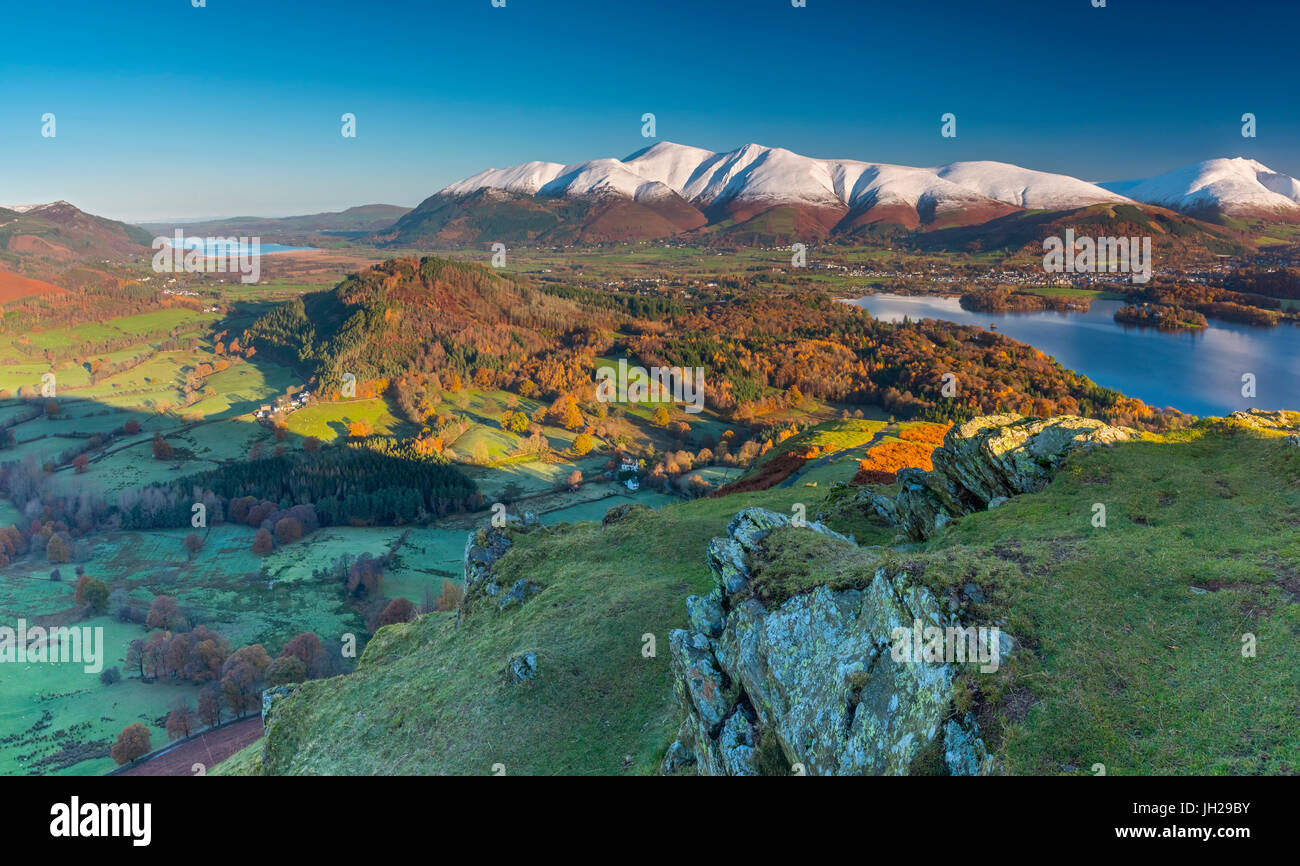 Derwentwater, Skiddaw and Blencathra mountains above Keswick, from Cat Bells, Lake District National Park, Cumbria, England, UK Stock Photo