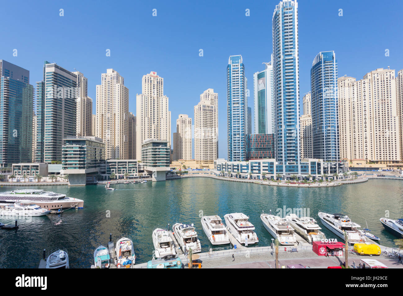 View of boats moored up in Dubai Marina, Dubai, United Arab Emirates, Middle East Stock Photo