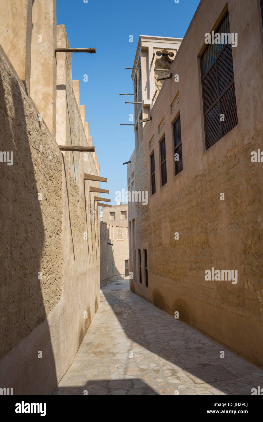 Narrow street in Al Fahidi Historical Centre, Bur Dubai, Dubai, United Arab Emirates, Middle East Stock Photo