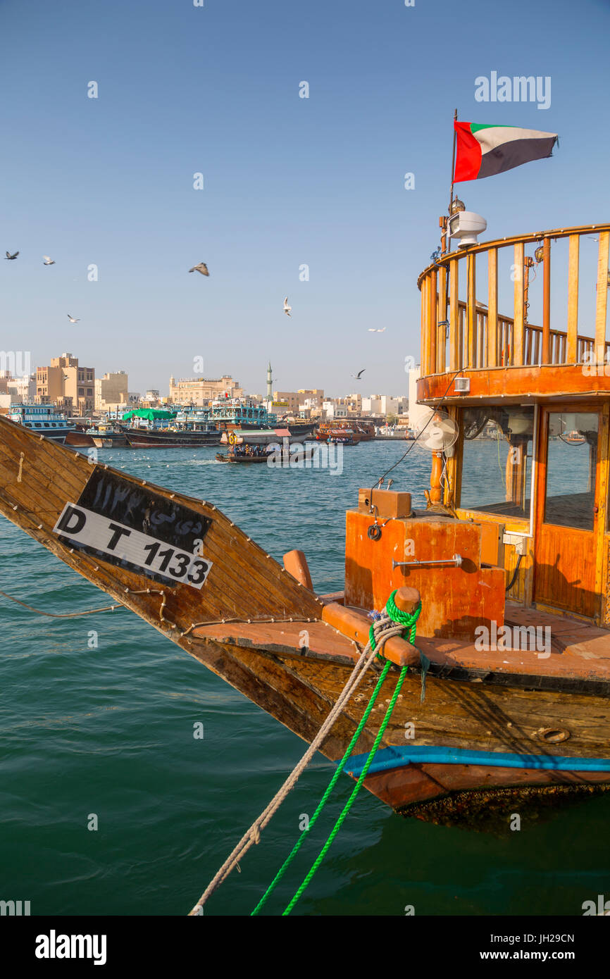 Boats on Dubai Creek, Bur Dubai, Dubai, United Arab Emirates, Middle East Stock Photo