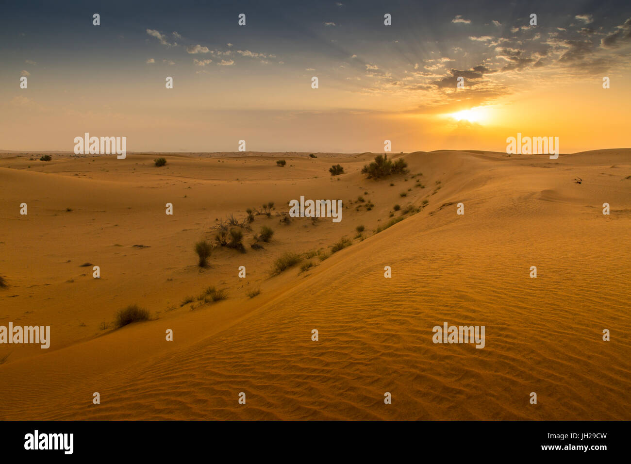 Sunrise over sand dunes in the Dubai Desert, Dubai, United Arab ...