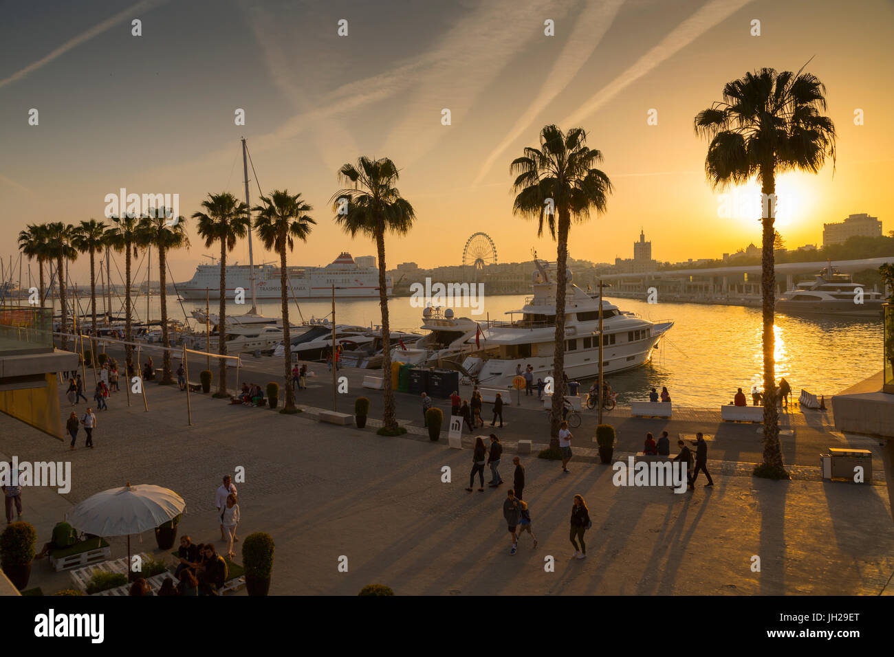 Sunset over Malaga Marina, Malaga, Costa del Sol, Andalusia, Spain, Europe Stock Photo