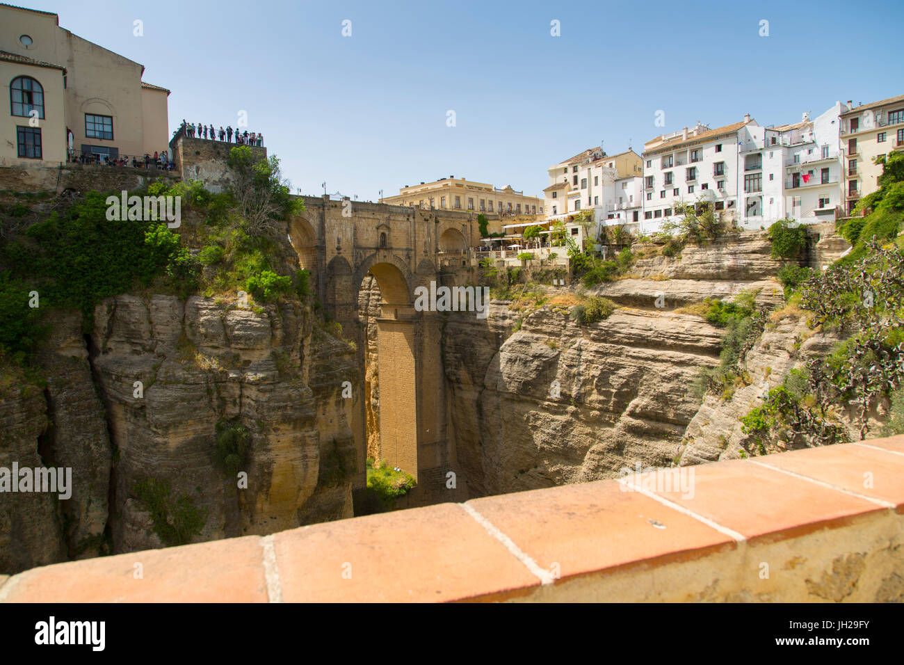 View of Ronda and Puente Nuevo from Jardines De Cuenca, Ronda, Andalusia, Spain, Europe Stock Photo