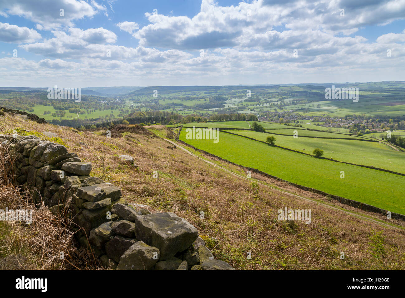 View from Baslow Edge towards Baslow Village and Chatsworth Park, Derbyshire Dales, Derbyshire, England, United Kingdom, Europe Stock Photo