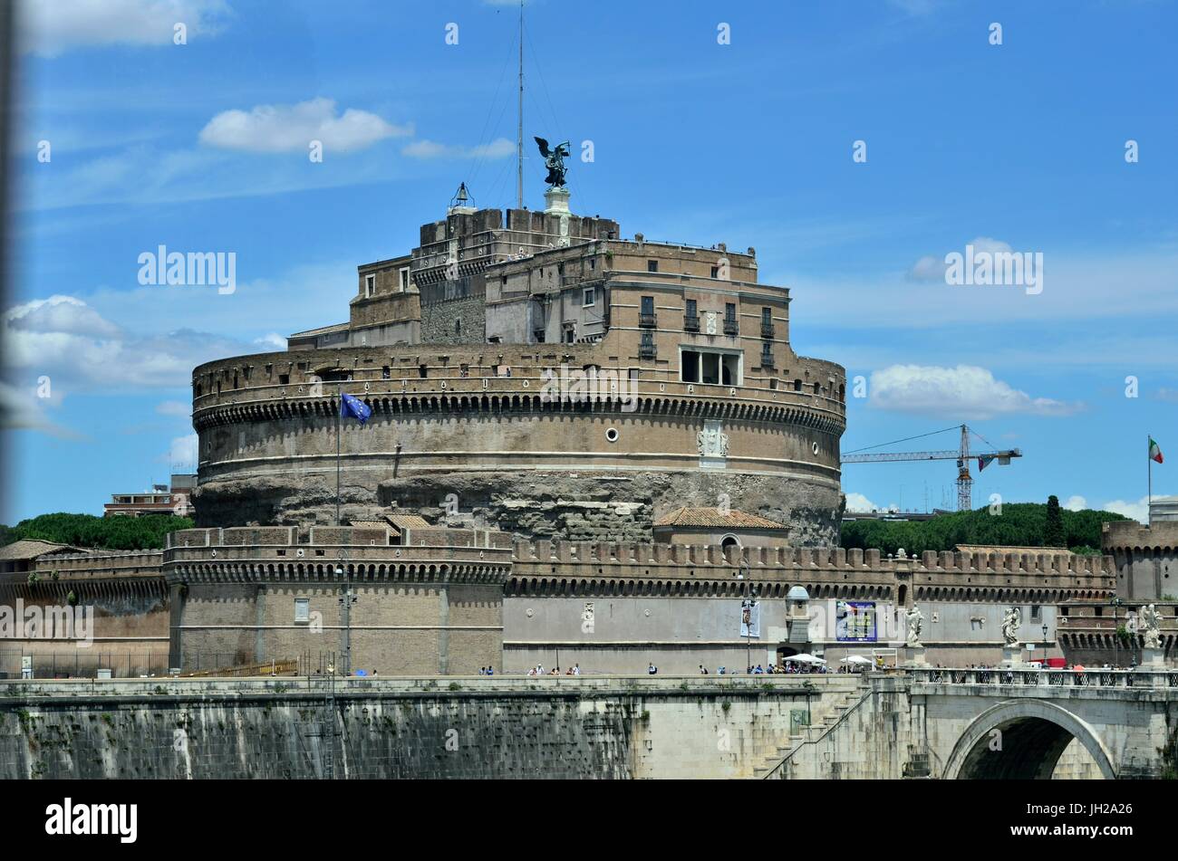 The Mausoleum of Hadrian, usually known as Castel Sant'Angelo is a towering cylindrical building in Parco Adriano, Rome, Italy. Stock Photo