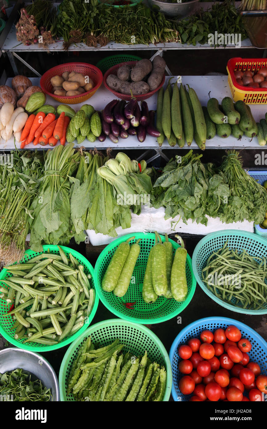 Fresh vegetables at market stall.  Vietnam. Stock Photo