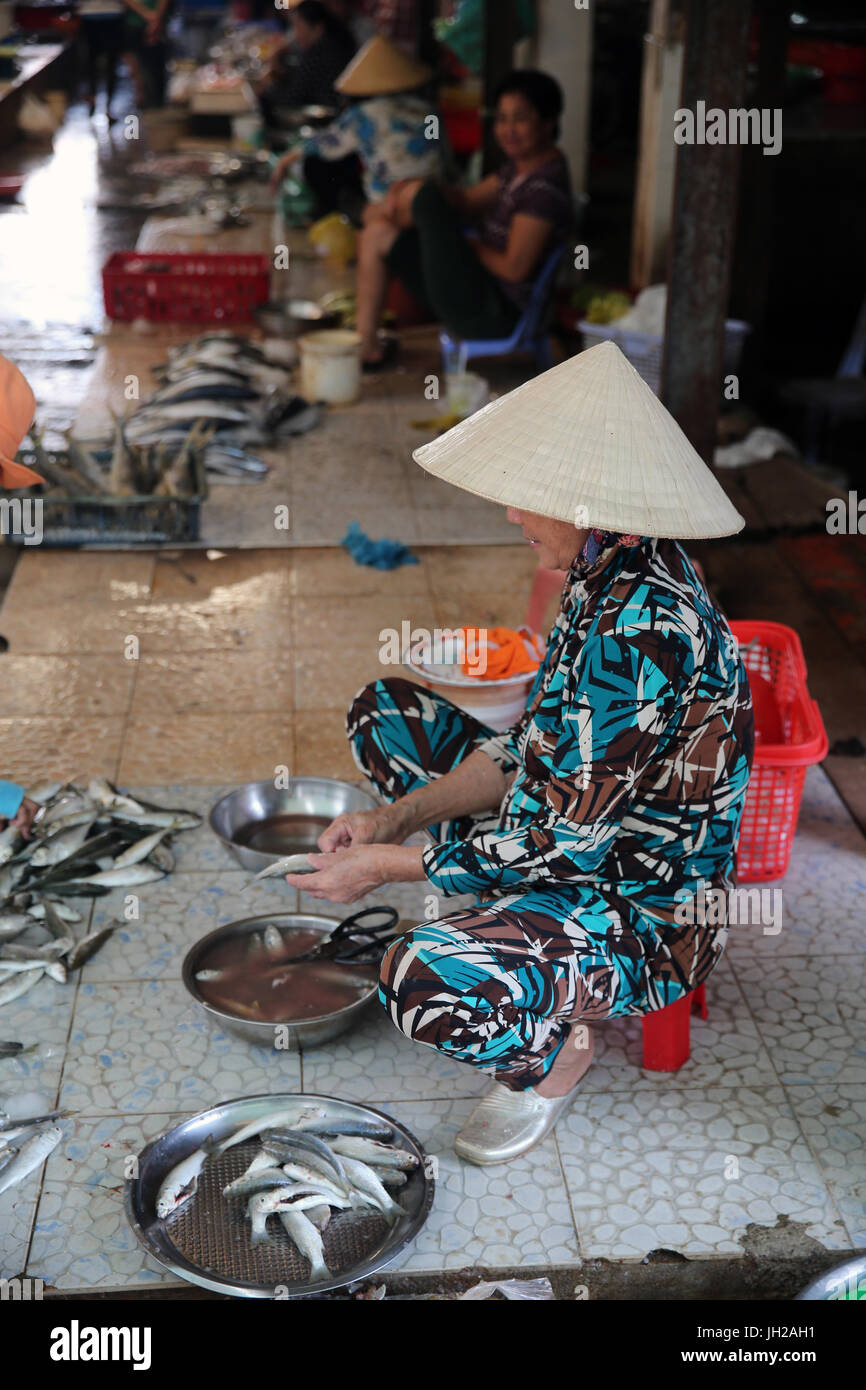 Vung Tau fish market.  Woman sort through fresh catch of fish.  Vietnam. Stock Photo