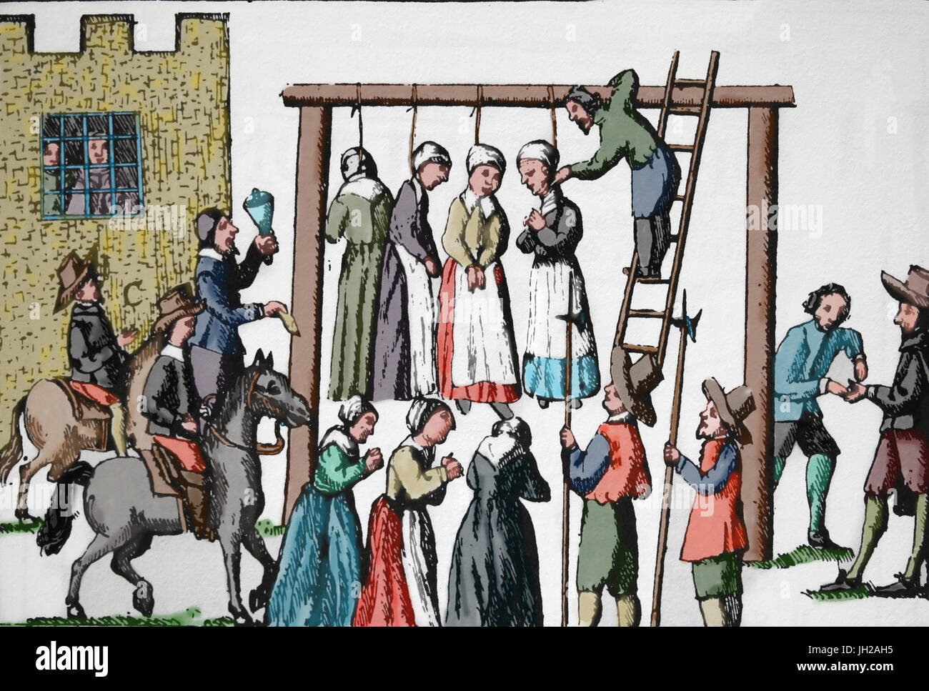 Inquisition. Public hanging of witches. 1678. Edinburg. Engraving. Stock Photo