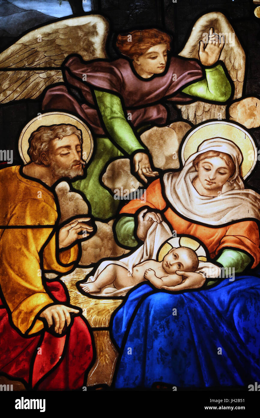 Ho Chi Minh city. Notre-Dame Cathedral Basilica of Saigon. Stained glass window. The nativity.  Ho chi Minh City. Vietnam. Stock Photo